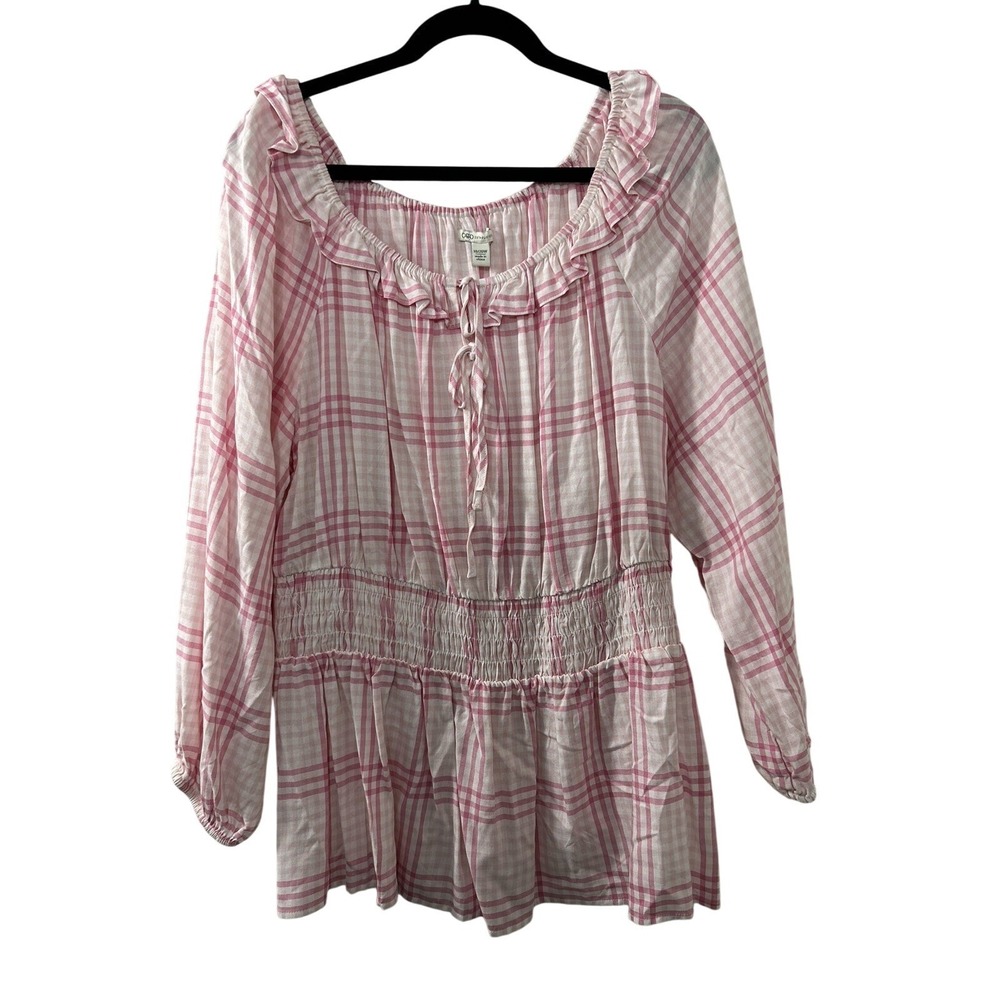 Cato Plaid Gingham Peasant Blouse 18/20W Pink Smocked Peplum Boho Cottagecore
